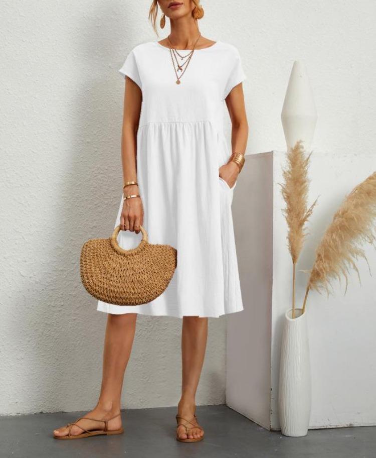 Women's Plus Size Cotton Linen A-line Skirt Summer Loose Fit Round Neck European American Style