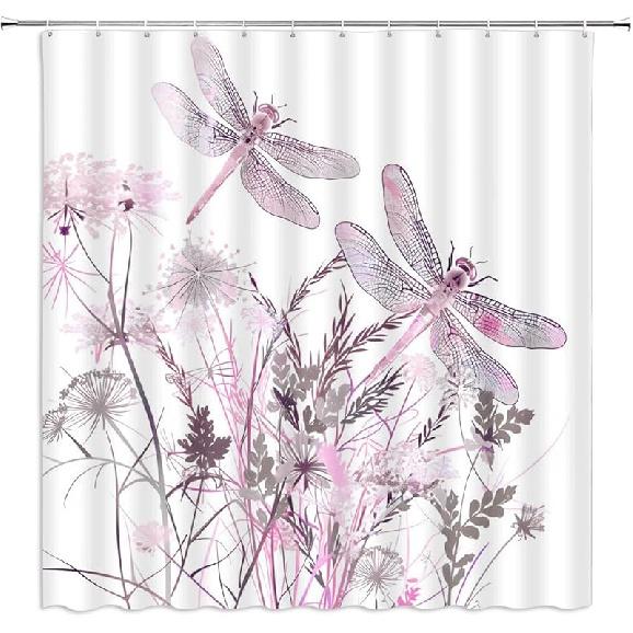 Dragonfly Floral Shower Curtain Wildflower Dragonflies Flower Blooms Branch Leaves Sage Spring Summer Botanical Vintage Abstract Fabric Bathroom