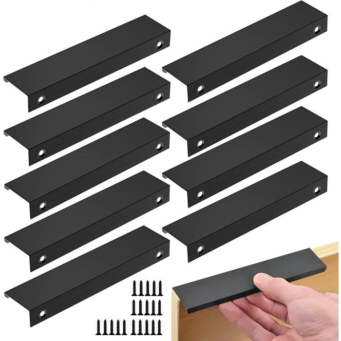 Lot de 10 poignées invisibles noir 96 mm entraxe - aluminium 120x32x18 mm + 20 vis