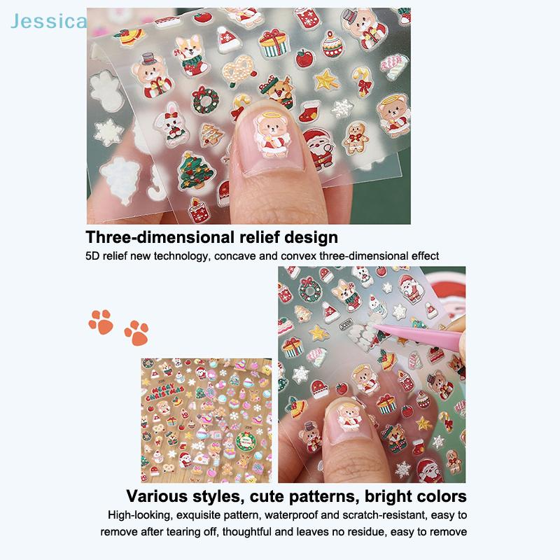5D Relief Christmas Luminous Nail Stickers Self-Adhesive Glow-in-the-Dark Holiday Nail Art Decals (Santa/Gingerbread Designs)