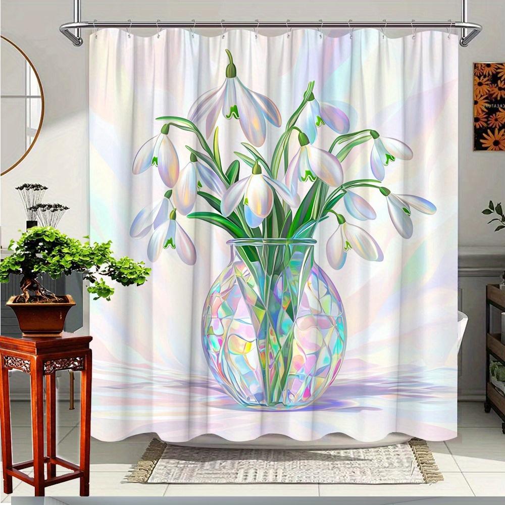 

1Pc Spring Floral Snowdrop Shower Curtain - Elegant Bathroom Decor With Vibrant Blue & White Snowdrops In Glass Vase, Polyester W60H190(CM)-1 Pcs