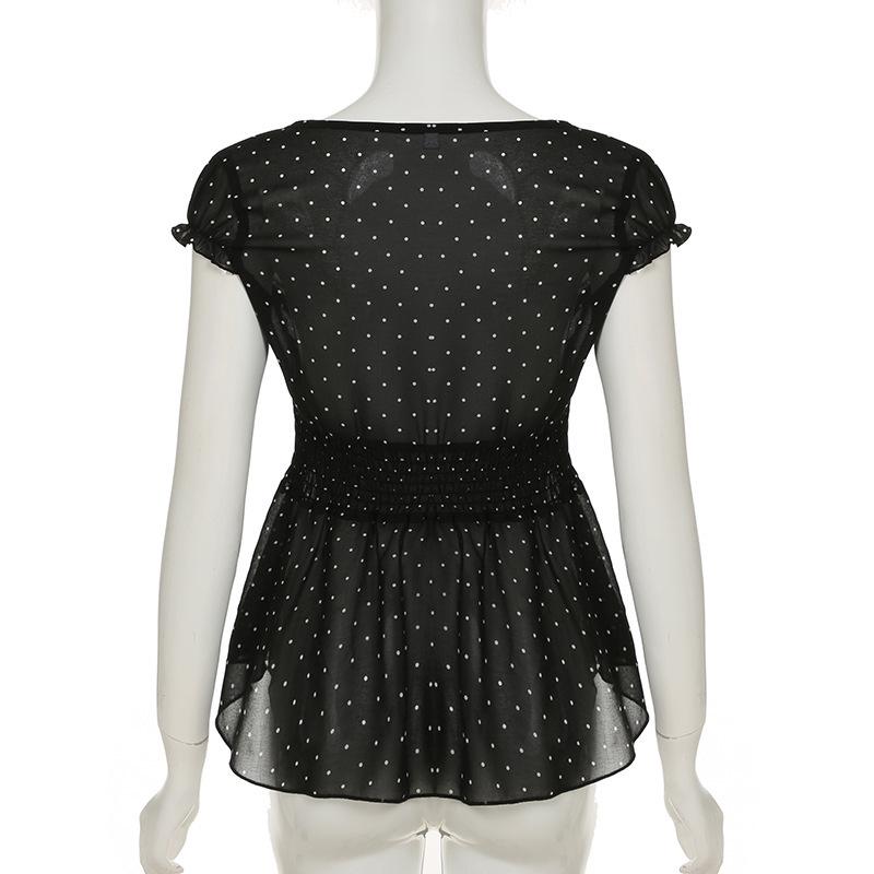 Korean Style Sheer Polka Dot V-Neck Mesh Top with Waist-Cinching Short Sleeves