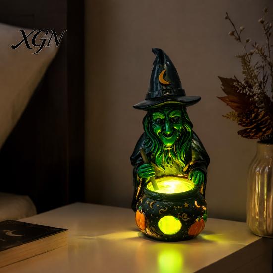 Gothic Home Decor for Halloween Witch Cauldron Lamp Figurine, Resin Scary Witches Lighted-Up Glowing Pot Figurine Cauldron, Festival Supplies
