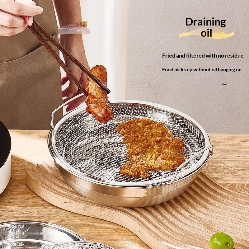 Stainless Steel Round Mesh Air Fryer Drain Basket Heat Resistant Oil Filter Tray with Handle for Party Camping Cooking