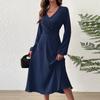 Spring and Summer Fashion V-Neck Lantern Long Sleeved Dress with Twisted Edges, Elegant Mid Length Dress