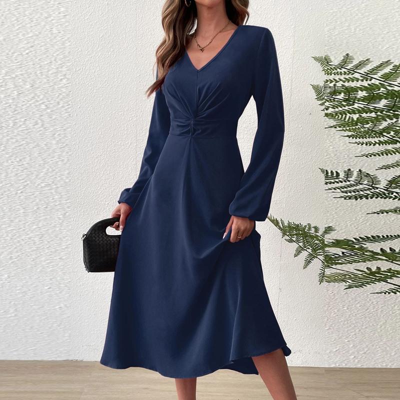 Spring and Summer Fashion V-Neck Lantern Long Sleeved Dress with Twisted Edges, Elegant Mid Length Dress