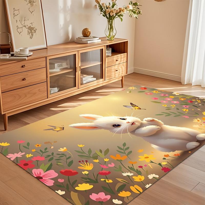Cute Bunny Floral Area Rug for Living Room Bedroom Playful Kids Nursery Whimsical Home Decor Soft Non Slip Washable Floor Mat