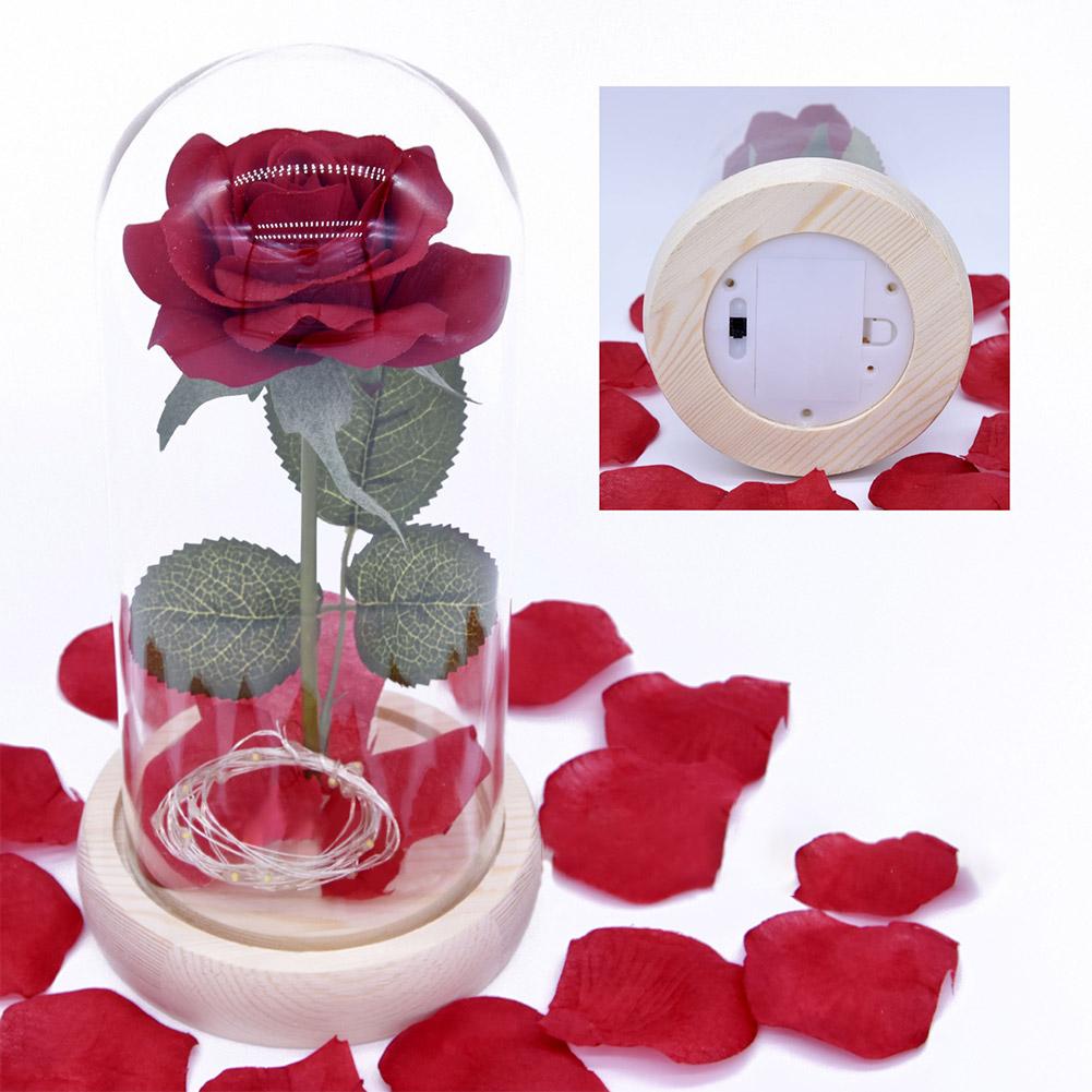 

LED Romantic Simulate Rose Light with Glass Shield Wood Base for Decor Battery white wood base