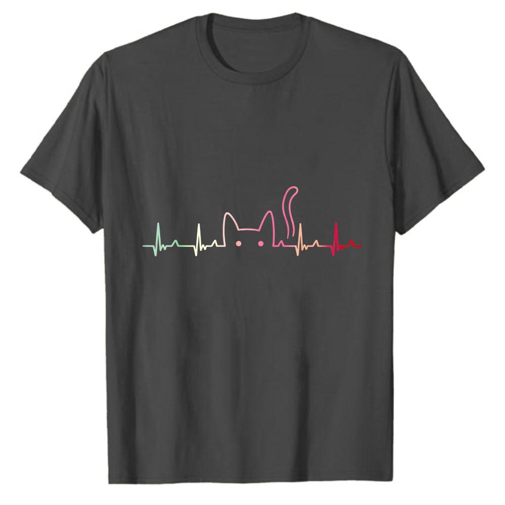 Cat Lover Heartbeat ECG Funny Cute Cat TShirt for Unisex Women Crew Neck Short Sleeve Fitted Olive Green Multicolored Outline