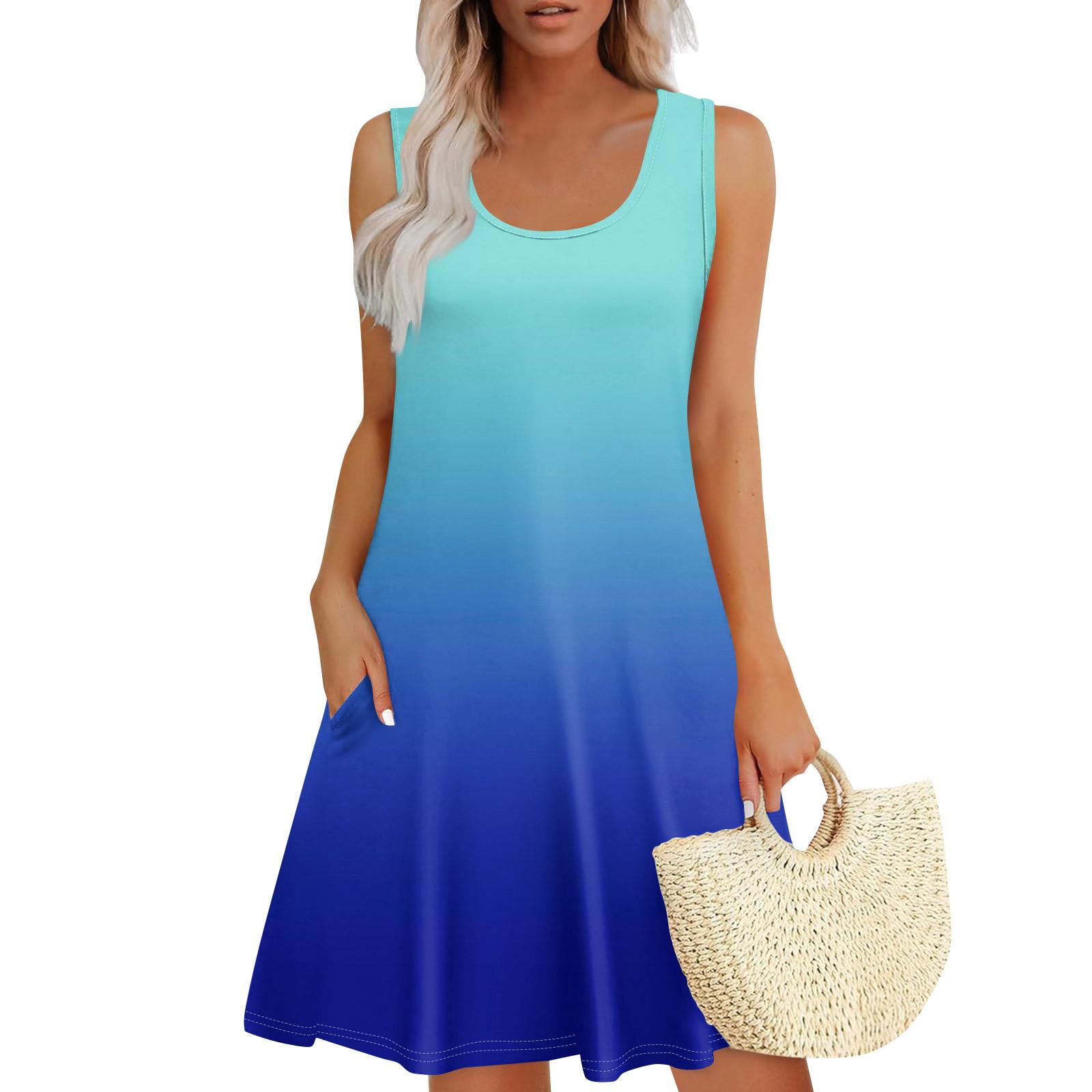 

Женские летние платья, свободные сарафаны без рукавов с U-образным вырезом и карманами L светло-синий
