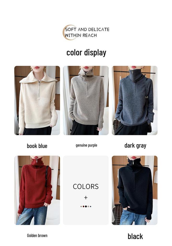 2026 Women's Autumn/Winter Pure Wool Lapel Half-Zip Knitwear Long Sleeve Pullover Sweater