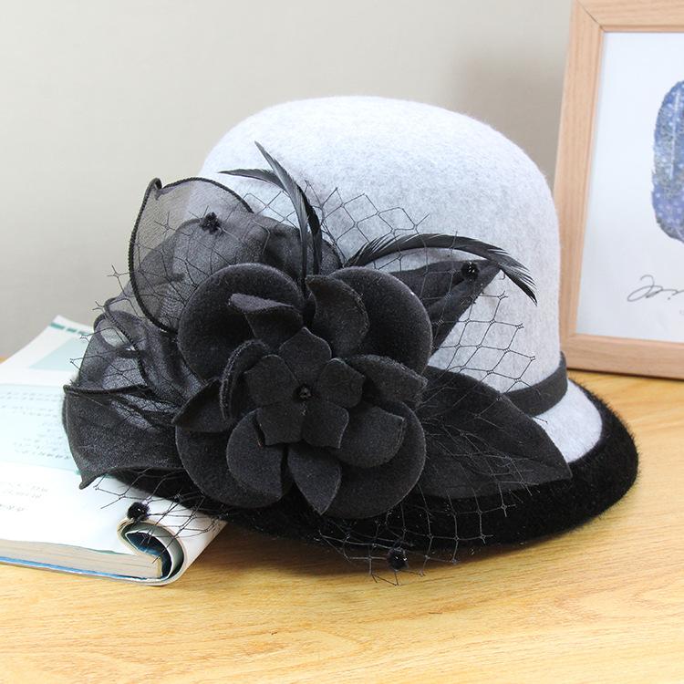 Europäisches und Amerikanisches Temperament Elegantes Netzblumen Modehut Damen Herbst und Winter Kuppel Großrand Zylinder Mode Outdoor Vielseitiger Basin Hut