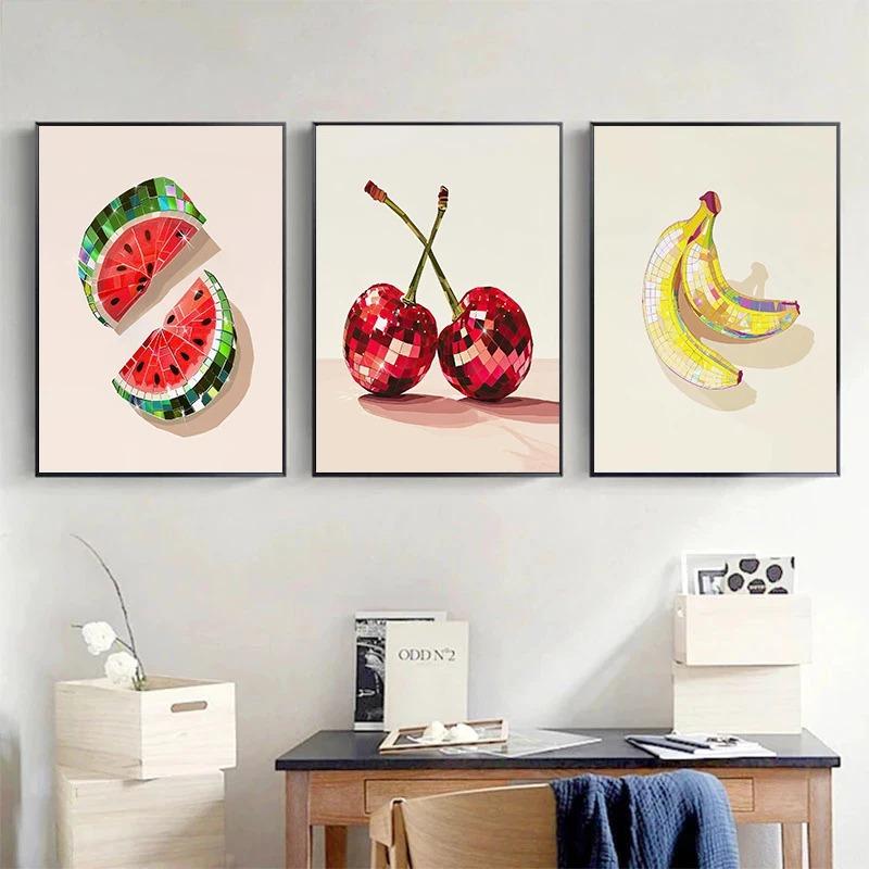 Disco Vintage Cherry Strawberry Blueberry Watermelon Lemon Fruit Art Poster Canvas Paintings Wall Art Pictures Home Decor