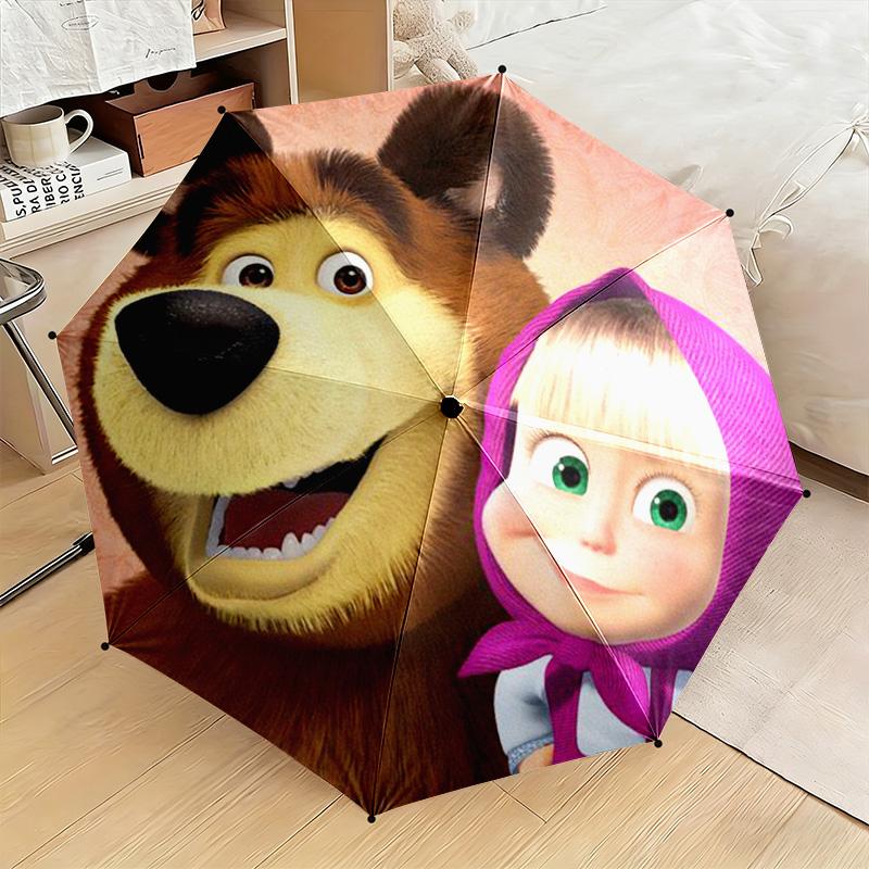 Cartoon Russian Animation Fairy Tale Masha and the Bear Cartoon Umbrella, a Must-have for Home and Outdoor Travel, Foldable Wrought Iron Umbrella W3