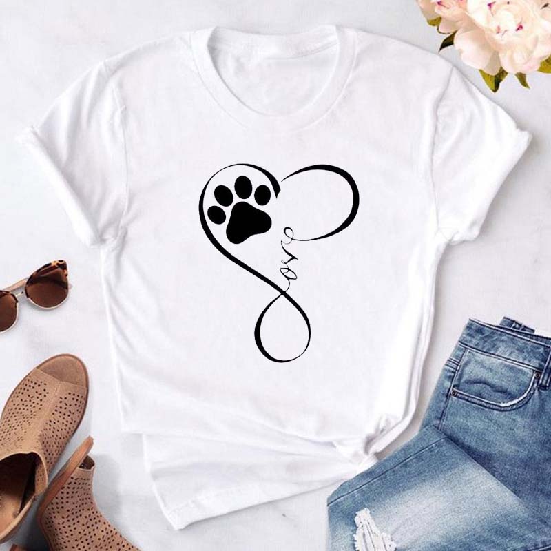 Women Dogs Paws Love Heart Printed T-shirts Fashion Summer Short Sleeve Lady Womens Clothes Tops T-Shirt Black Shirt Tees Female
