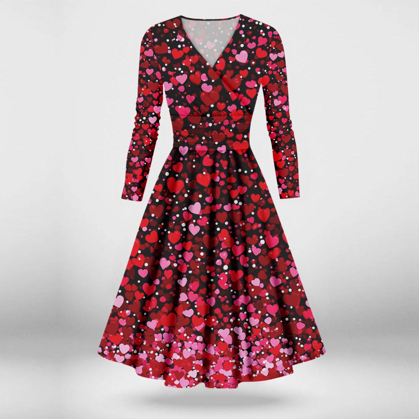 Women s Fashion Casual Valentine s Day Printed Long Sleeve V-Neck Sexy Dresses L
