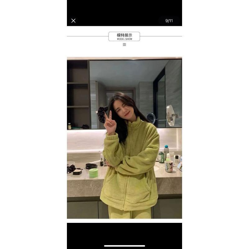 

Комплект домашней одежды на молнии, новый зимний теплый, простой, плотный, можно носить снаружи, длинные рукава, длинные брюки, комплект из двух предметов для женщин XL зелёный