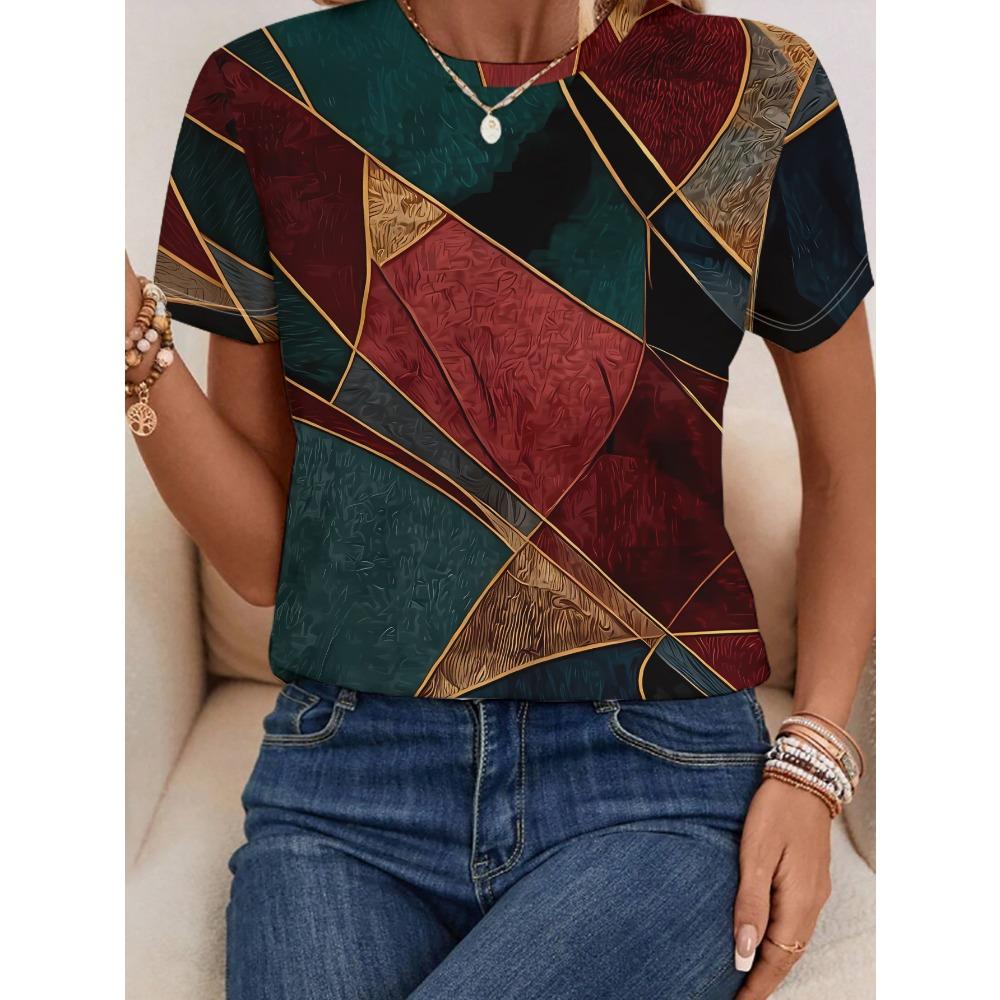 A Short-Sleeved Top for Women, Featuring a Unique Design with Geometric Color Blocks And a Vibrant Palette S