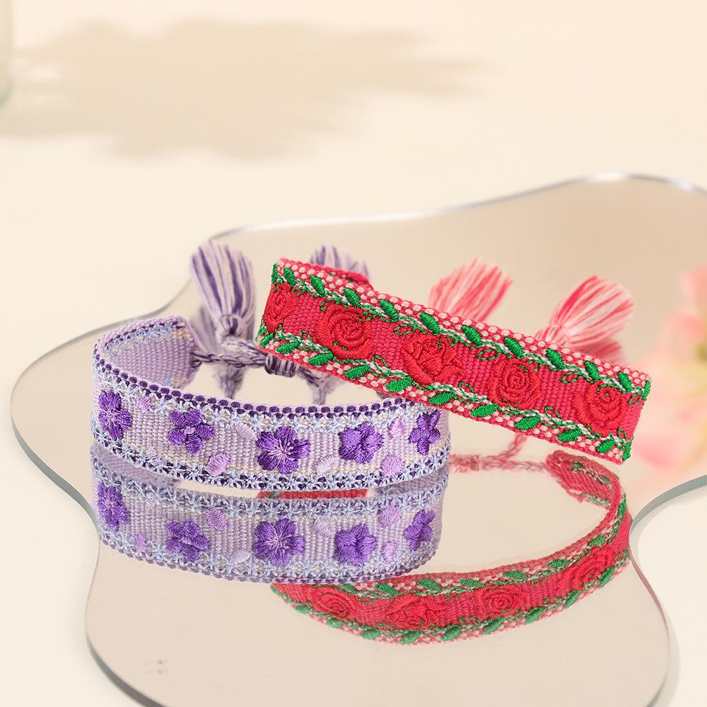 Floral Embroidery Woven Bracelet: European & American Style with Lily, Cherry Blossom, Rose