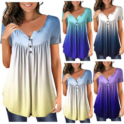 Damen Kurzarm-Tunika, lockere Oberteile, lässig, Übergröße, Oberteile, plissierte Tunika, Knopf, lässig, Sommer, Blumenmuster, Krawattenoberteile für Damen