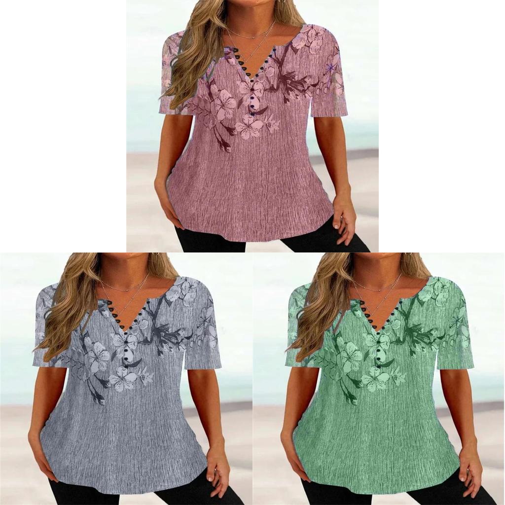 Summer Womens Loose Vneck Shirt With Floral Print And Button Closure For Casual Office Wear