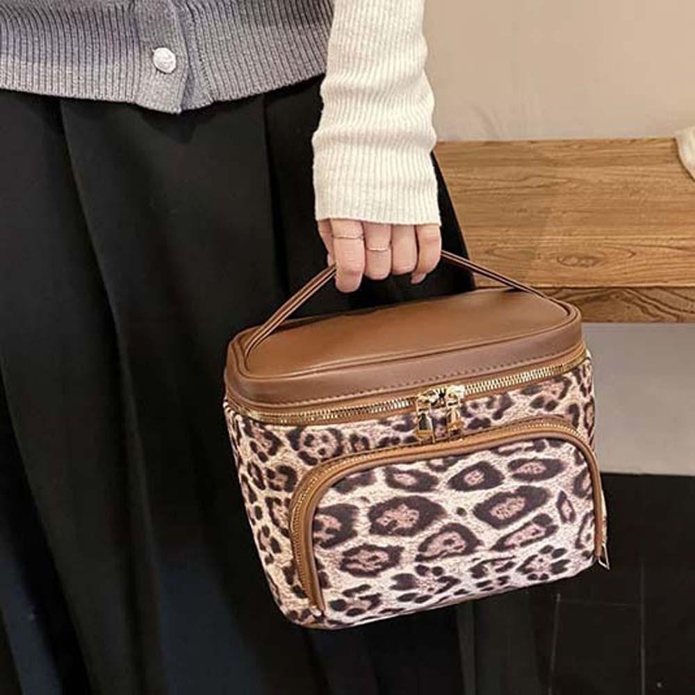 Large Capacity Leopard Print Cosmetic Bag Leather Pouch for Make Up Kit  Bathroom