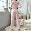 Women's Comfortable And Cute Floral Long-sleeved And Long-pants Pajama Set