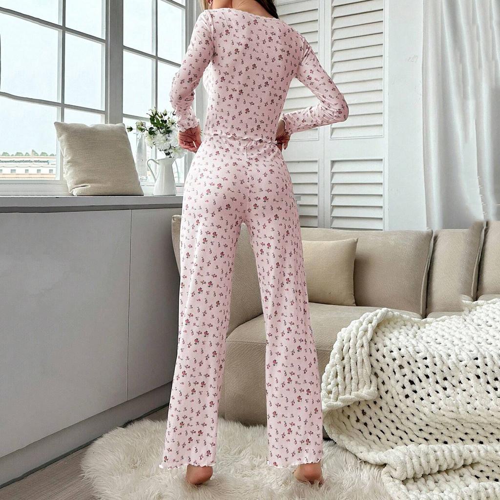 Women's Comfortable And Cute Floral Long-sleeved And Long-pants Pajama Set
