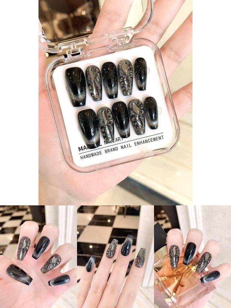 Trendy Black Cat Eye Manicure Stickers Sparkling Gems And Handcrafted Design