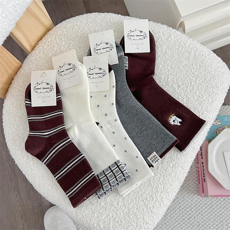 Female Spring and Autumn Sweet Cute Spot Striped Cartoon Dog In The Tube Pile Pile Cotton Socks