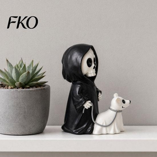 Dark Healing Halloween Figure Grim Reaper & Ghostly Puppy Resin Figurine, Black Robed Skeleton with Cute Unique Spooky Desk Decoration