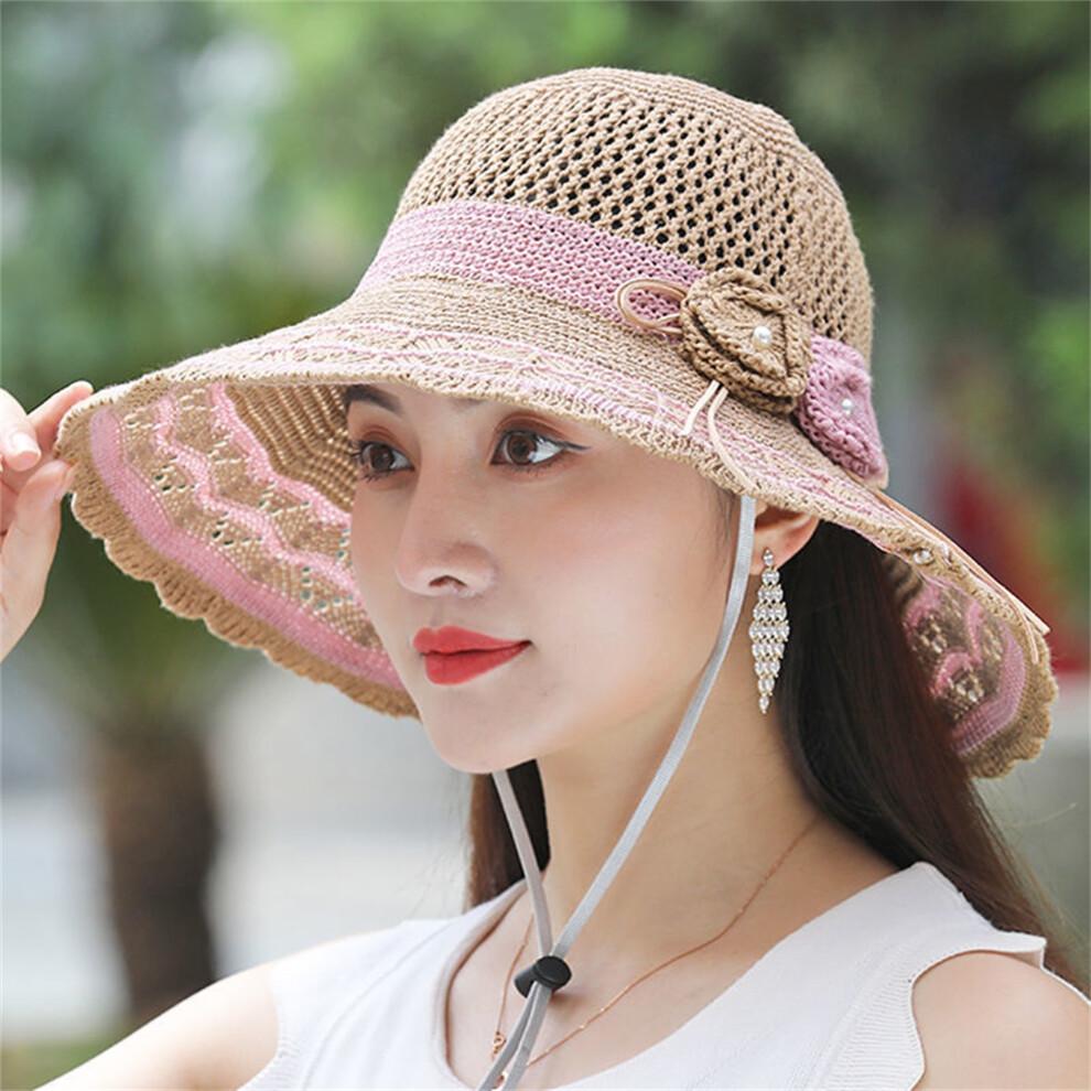 (One Size, Khaki) Women Summer Knit Sun Hat Breathable Crochet Flower Wide Brim Sun Protection Fisherman Cap