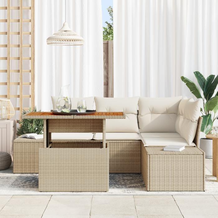 VidaXL Ensemble de salle à manger de jardin de 5 pièces avec coussins beige en poly rotin acacia 3349959