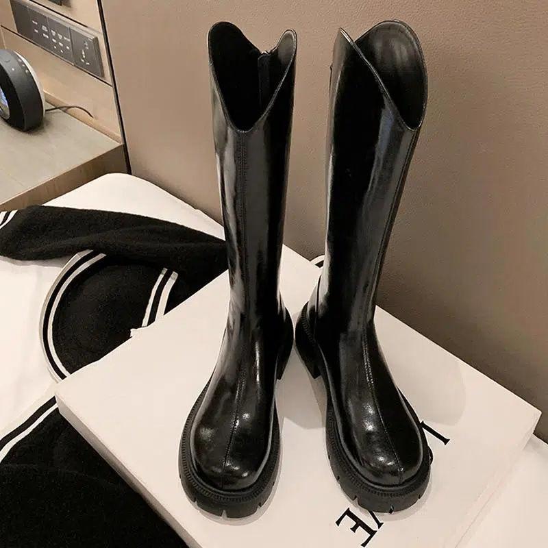 Thick-legged long boots, women's v-mouth thick-soled fat mm big tube-circumferential knight boots are thin, simple and fashionable, thick-sole