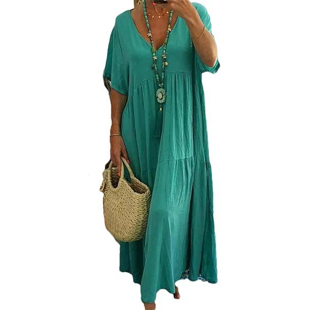 Women's Summer Plus Size Long Dress Casual V-Neck Short Sleeve Irregular Large Swing Maxi Dresses