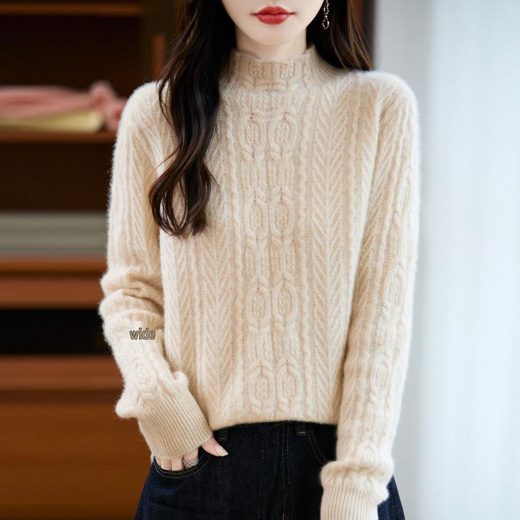 Women's Heavyweight Thickened Wool Sweater - Half-High Neck Cable Knit Autumn Winter Warm Loose Fit Knitwear, 100% Wool.