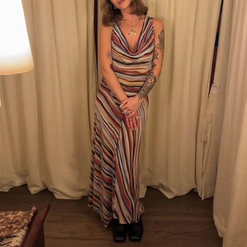Vestido Maxi de Mujer sin Mangas a Rayas Cuello Drapeado Multicolor Fruncido Bodycon Abertura Alta Gasa Vestido Sexy para Fiesta de Noche Verano