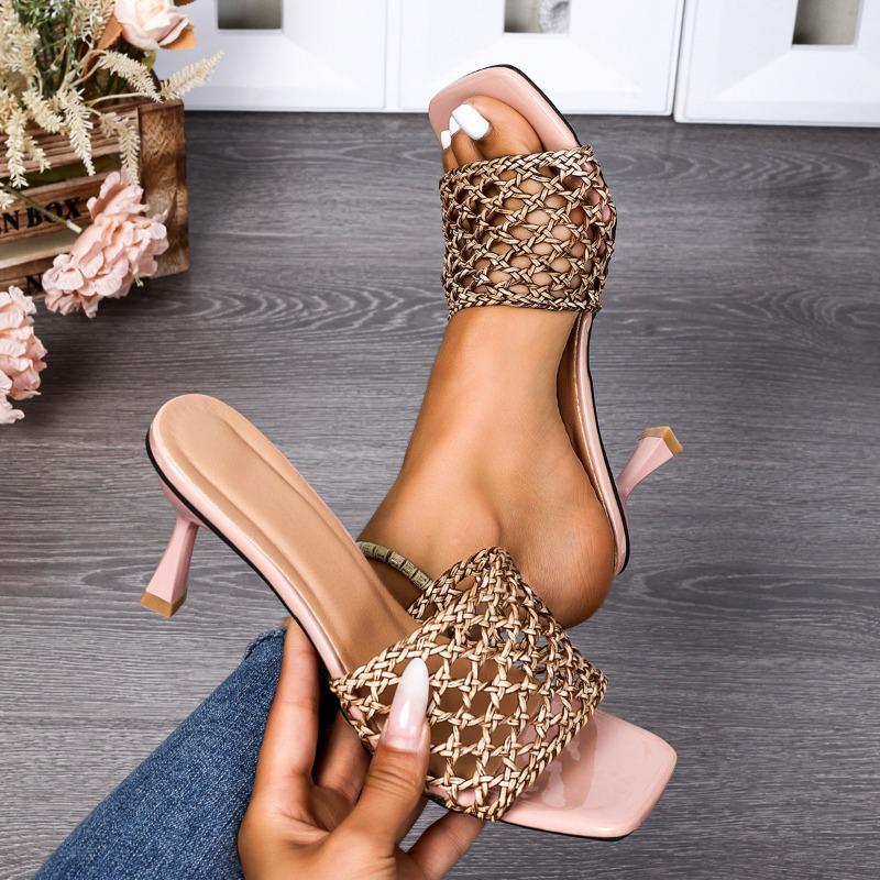 Mules Femmes Luxe Woven Hollowed-out High Heels Women Slippers Banquet Party Shoes Flip Flops Summer Ladies Slides Tongs Femmes