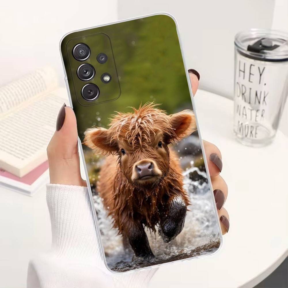 Cute Highland Cow Phone Case For Samsung A51,71,30,S21,10,20,Ultra,FE,Lite, S22,23,9,PIus,Transparent, Silicone