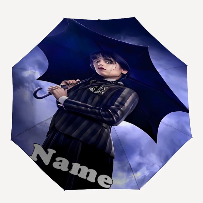 Custom Name Wednesday Theme Automatic Umbrella, Lightweight & Portable, 8 Rib, Perfect for Outdoor Travel, Birthdays, Christmas, Gifts.