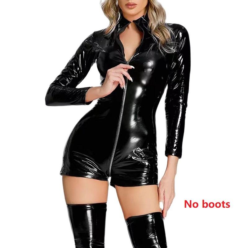 Double Zipper Sexy Open Crotch Shiny Leather Bodysuit For Sex Plus Size Women Latex Sheath Leotard Erotic Below Crotchless Sexi