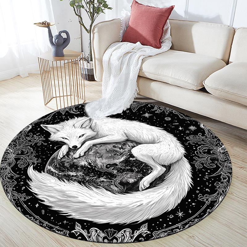 Black and White Fox,Round Area Rug,Carpet Rug for Living Room Bedroom Sofa Playroom Decor,Non-slip Floor Mat