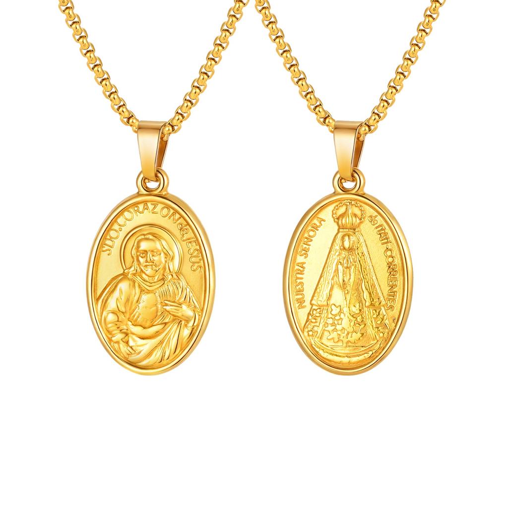 Vnox Double Side Virgin Mary Pendant Necklace, Gold Color Stainless Steel Box Chain, Trendy Religious Jewelry Gift for Women Men