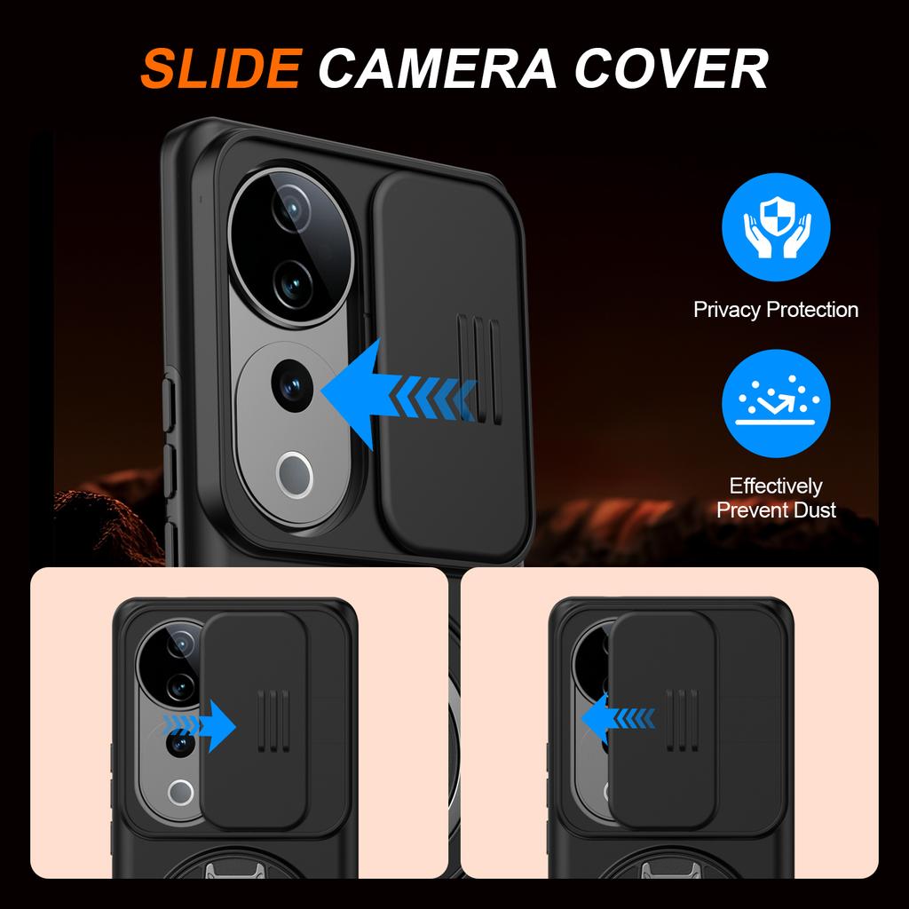 Sliding Camera Lens Cover Armor Phone Case For VIVO V40 V2348 V40Pro V2347 V50 5G V2427 Metal Ring Stand Holder Shockproof Shell