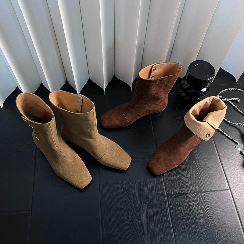 Vintage niche suede square toe western cowboy boots for women fall and winter with thick heels and lapels for two wear with Martin boots and booties
