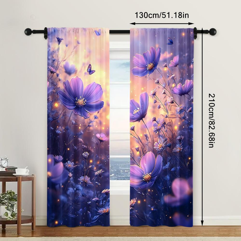 2pc,  Window Curtains Blue & Purple Flowers Light Filter Spring Party & Holiday Decor Perfect for Carnival Decor