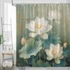 Asian Lotus Floral Shower Curtain Rustic Zen Vintage White Flowers Farmhouse Chinese Japanese Style Relax Plants Green Leaves