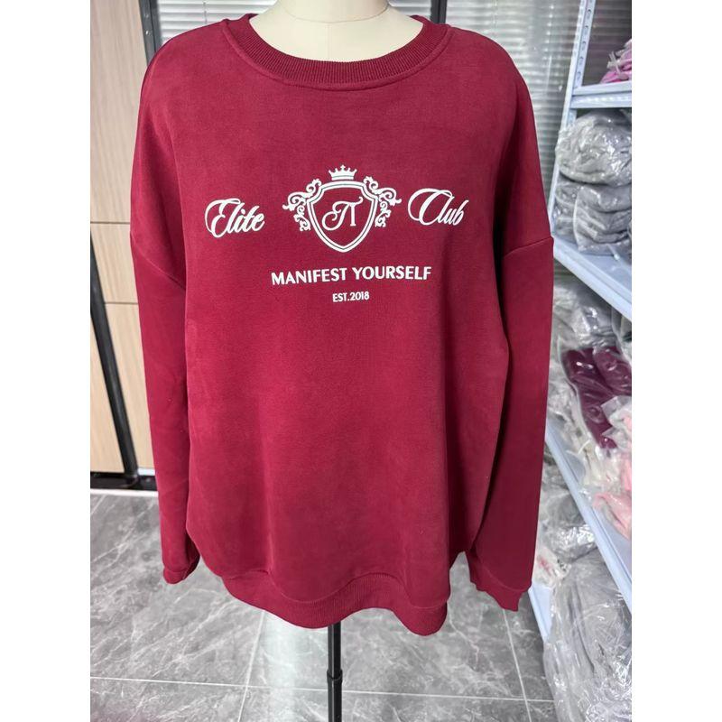 

European and American Fashion Letter Print round Neck Drop Shoulder Sleeve Hoodie round Neck Neck Letter Printed Top Red M