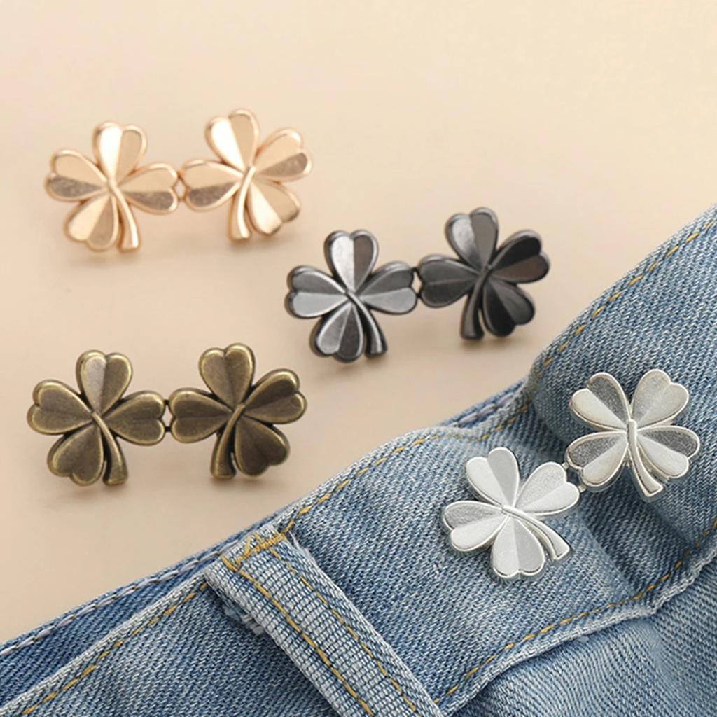 1 Pair Adjustable Waist Tightener Four Leaf Clover Trousers Waist Buckles For Jeans Pants Skirts Snap Button Adjuster Clips