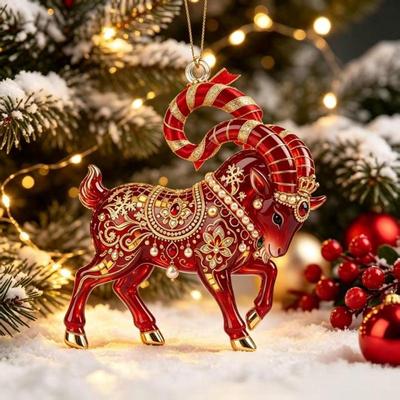 2D Flat Acrylic Christmas Pendant Red Gold Chinese Zodiac Goat Xmas Tree New Year Car Ornament